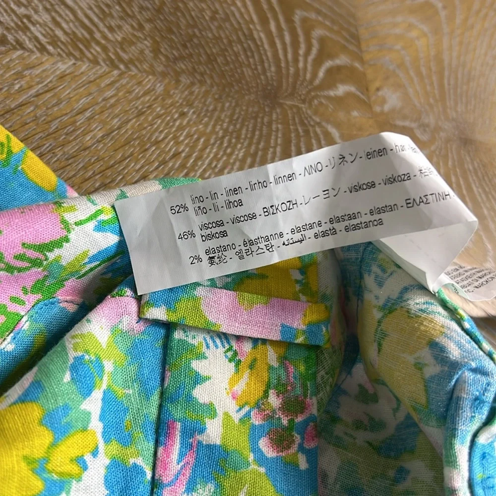 ZARA Blue Floral Linen Blend Mini Flare Cropped Trouser Pant 4